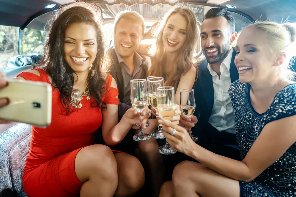 Friends are taking a selfie in the car while using Noor Limousine chauffeur service